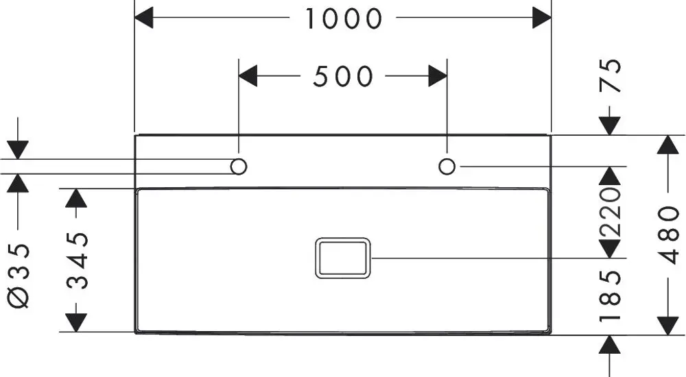 Weißer Waschtisch mit zwei Hahnlöchern, rechteckiger Form, ohne Überlauf. Maße und Details sind im technischen Diagramm gezeigt. Produkt von Hansgrohe.